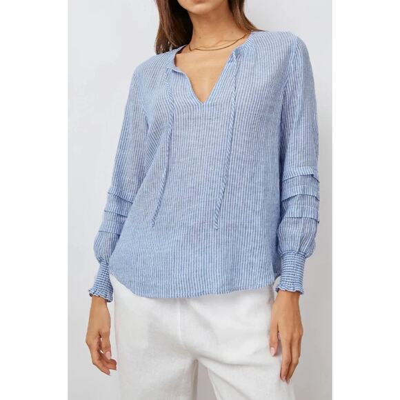 Rails $168 Caterian Sanibel Stripe Blue White Linen Blend Peasant Top SZ S - Picture 1 of 13
